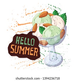 Vector hand drawn illustrations. Ice cream in bowl. Lettering: Hello Summer. Isolated objects for your design. Each object can be changed and moved.