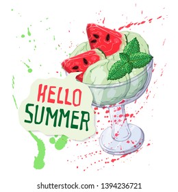 Vector hand drawn illustrations. Ice cream in bowl. Lettering: Hello Summer. Isolated objects for your design. Each object can be changed and moved.