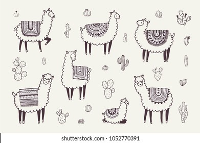 Vector hand drawn Illustrations with llama, alpaca,cactus.