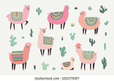 Vector hand drawn Illustrations with llama, alpaca,cactus.