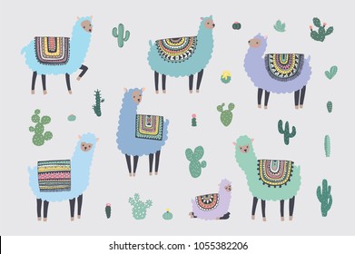 Vector hand drawn Illustrations with llama, alpaca,cactus.