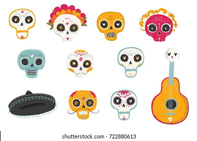 Vector hand drawn illustrations of Mexican holiday "Day of the Dead". The postcard with traditional sugar skulls, marigold flowers "Dia de los Muertos"