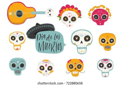 Vector hand drawn illustrations of Mexican holiday "Day of the Dead". The postcard with traditional sugar skulls, marigold flowers and lettering "Dia de los Muertos"