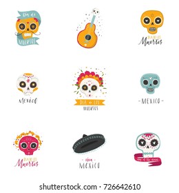 Vector hand drawn illustrations of Mexican holiday "Day of the Dead". The postcard with traditional sugar skulls, marigold flowers "Dia de los Muertos"