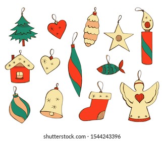 Vector hand drawn illustrations for New Year design in emerald, red and beige colors. Set of Christmas toys in doodle style isolated on a white background. Positive bright Christmas decorations