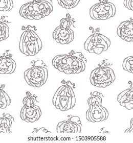 Vector hand drawn illustrations. Pattern with realistic symbols of Halloween - pumpkins. Each object can be changed and moved for your design.