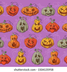 Vector hand drawn illustrations. Pattern with realistic symbols of Halloween - pumpkins. Each object can be changed and moved for your design.