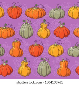 Vector hand drawn illustrations. Pattern with realistic symbols of Halloween - pumpkins. Each object can be changed and moved for your design.