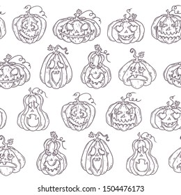 Vector hand drawn illustrations. Pattern with realistic symbols of Halloween - pumpkins. Each object can be changed and moved for your design.