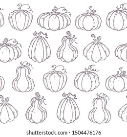 Vector hand drawn illustrations. Pattern with realistic symbols of Halloween - pumpkins. Each object can be changed and moved for your design.