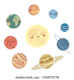  Vector hand drawn illustrations of the planets of the Solar System in flat style. Cartoon childish The Solar System. Cute, adorable the sun, earth,mercury,venus,saturn, neptune, mars, jupiter, uranus