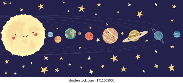  Vector hand drawn illustrations of the planets of the Solar System in flat style. Cartoon childish The Solar System.  