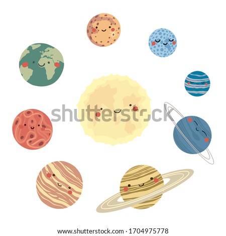  Vector hand drawn illustrations of the planets of the Solar System in flat style. Cartoon childish The Solar System. Cute, adorable the sun, earth,mercury,venus,saturn, neptune, mars, jupiter, uranus