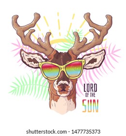 Vector hand drawn illustrations. Portrait of cute realistic deer in glasses. Each object can be changed and moved for your design.