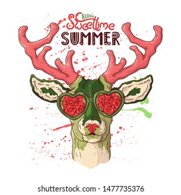 Vector hand drawn illustrations. Portrait of cute realistic deer in glasses under the effect of watermelon. Each object can be changed and moved for your design.