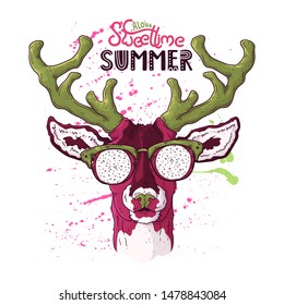 Vector hand drawn illustrations. Portrait of cute realistic deer in glasses under the effect of dragon fruit. Each object can be changed and moved for your design.