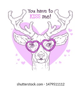 Vector hand drawn illustrations. Portrait of cute realistic deer in glasses. Each object can be changed and moved for your design.