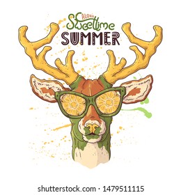 Vector hand drawn illustrations. Portrait of cute realistic deer in glasses under the effect of pineapple. Each object can be changed and moved for your design.
