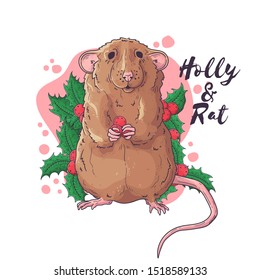 Vector hand drawn illustrations. Portrait of cute rat in Christmas accessories. Each object can be changed and moved for your design.