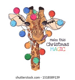 Vector hand drawn illustrations. Portrait of cute giraffe in Christmas accessories. Each object can be changed and moved for your design.