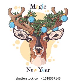 Vector hand drawn illustrations. Portrait of cute deer in Christmas accessories. Each object can be changed and moved for your design.