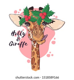 Vector hand drawn illustrations. Portrait of cute giraffe in Christmas accessories. Each object can be changed and moved for your design.