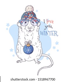 Vector hand drawn illustrations. Portrait of cute rat in Christmas accessories. Each object can be changed and moved for your design.