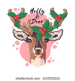 Vector hand drawn illustrations. Portrait of cute deer in Christmas accessories. Each object can be changed and moved for your design.