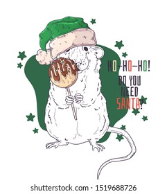 Vector hand drawn illustrations. Portrait of cute rat in Christmas accessories. Each object can be changed and moved for your design.