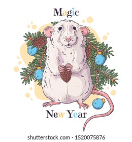 Vector hand drawn illustrations. Portrait of cute rat in Christmas accessories. Each object can be changed and moved for your design.