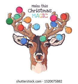 Vector hand drawn illustrations. Portrait of cute deer in Christmas accessories. Each object can be changed and moved for your design.
