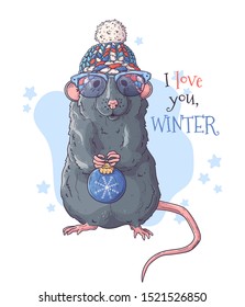 Vector hand drawn illustrations. Portrait of cute rat in Christmas accessories. Each object can be changed and moved for your design.