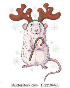 Vector hand drawn illustrations. Portrait of cute rat in Christmas accessories. Each object can be changed and moved for your design.