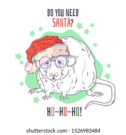 Vector hand drawn illustrations. Portrait of cute rat in Christmas accessories. Each object can be changed and moved for your design.
