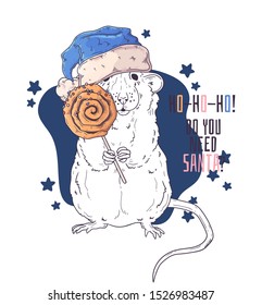 Vector hand drawn illustrations. Portrait of cute rat in Christmas accessories. Each object can be changed and moved for your design.
