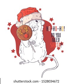 Vector hand drawn illustrations. Portrait of cute rat in Christmas accessories. Each object can be changed and moved for your design.