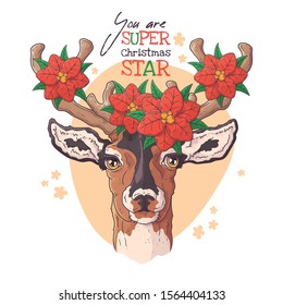 Vector hand drawn illustrations. Portrait of cute deer with Christmas flowers. Each object can be changed and moved for your design.