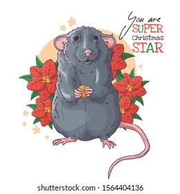 Vector hand drawn illustrations. Portrait of cute rat with Christmas flowers. Each object can be changed and moved for your design.