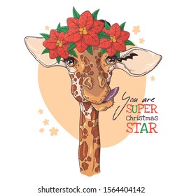Vector hand drawn illustrations. Portrait of cute giraffe with Christmas flowers. Each object can be changed and moved for your design.
