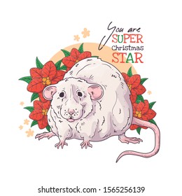 Vector hand drawn illustrations. Portrait of cute rat with Christmas flowers. Each object can be changed and moved for your design.