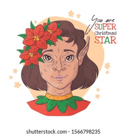 Vector hand drawn illustrations. Portrait of elf girl with Christmas symbols. Each object can be changed and moved for your design.