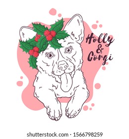 Vector hand drawn illustrations. Portrait of cute corgi dog with Christmas flowers. Each object can be changed and moved for your design.