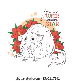 Vector hand drawn illustrations. Portrait of cute rat with Christmas flowers. Each object can be changed and moved for your design.