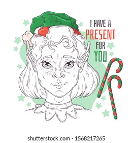 Vector hand drawn illustrations. Portrait of elf girl with Christmas symbols. Each object can be changed and moved for your design.