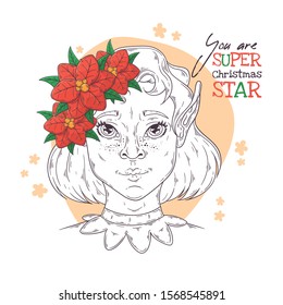 Vector hand drawn illustrations. Portrait of elf girl with Christmas symbols. Each object can be changed and moved for your design.