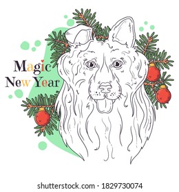 Ilustraciones dibujadas a mano por vectores. Retrato de un lindo perro collie con un árbol de navidad. Arte de línea. Cada objeto se puede cambiar y mover para su diseño.