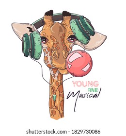 Vector hand drawn illustrations. Portrait of cute giraffe in musical headphones inflates a bubble of gum. Each object can be changed and moved for your design.