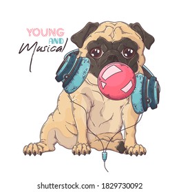 Vector hand drawn illustrations. Portrait of cute pug dog in musical headphones inflates a bubble of gum. Each object can be changed and moved for your design.