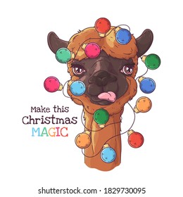 Vector hand drawn illustrations. Portrait of cute alpaca with Christmas garland. Each object can be changed and moved for your design.