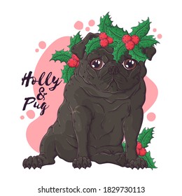 Vector hand drawn illustrations. Portrait of cute pug dog in Christmas accessories. Each object can be changed and moved for your design.